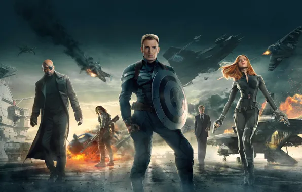 Картинка Scarlett Johansson, Marvel, Natasha Romanoff, Chris Evans, Soldier, 2014, Nick Fury, Captain America The Winter …