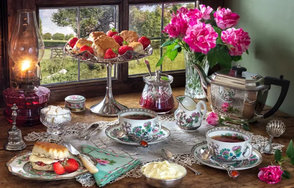 Цветы, стиль, ягоды, чай, лампа, розы, чайник, окно