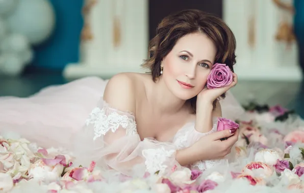 Взгляд, поза, женщина, портрет, розы, платье, Диана Липкина