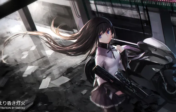Девушка, оружие, арт, мотоцикл, Mahou Shoujo Madoka Magika