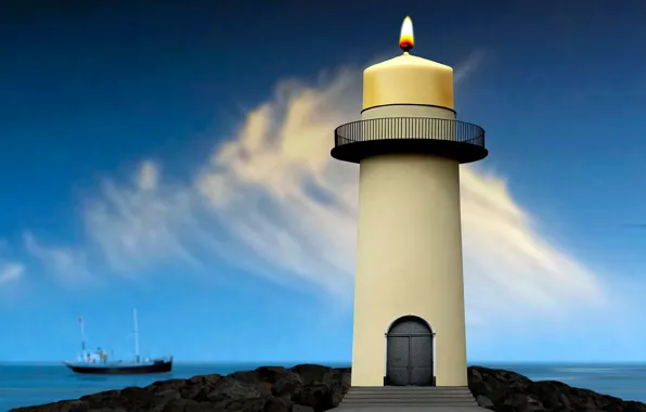 Картинка море, маяк, корабль, свеча, sea, ship, candle, lighthouse