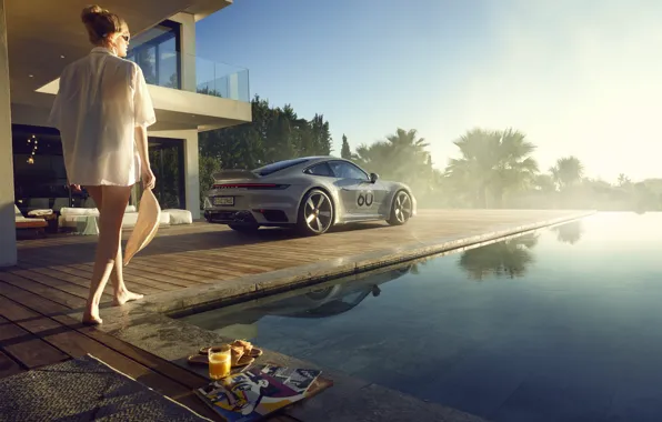 Картинка 911, Porsche, girl, pool, water, sun, palms, sports car