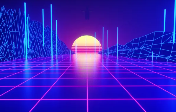 Закат, Солнце, Музыка, Стиль, 80s, Style, Neon, Рендеринг