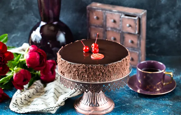 Картинка цветы, ягоды, шоколад, торт