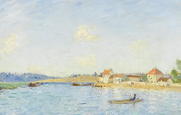 Картинка пейзаж, река, лодка, дома, картина, Alfred Sisley, Альфред Сислей, Сен-Мамес