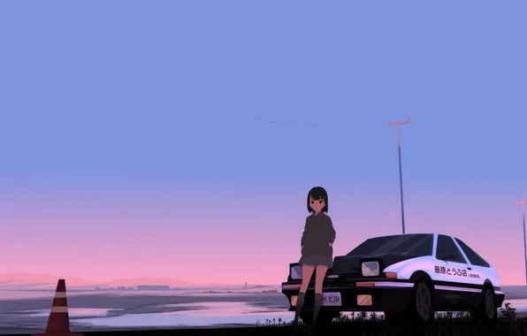 Anime, serenity, sky blue, car and girl, calmness, Initial D