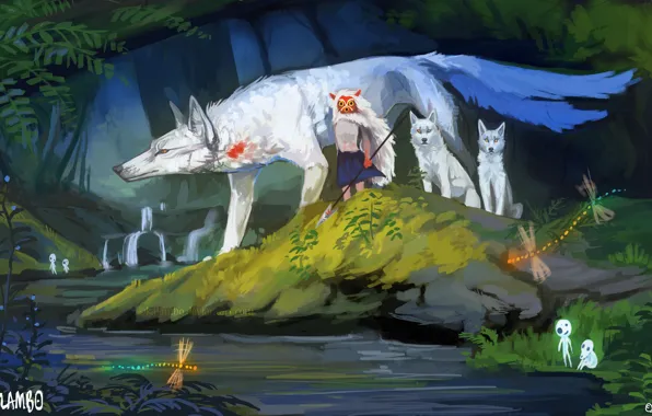 Лес, ручей, волк, духи, стрекоза, маска, копье, art