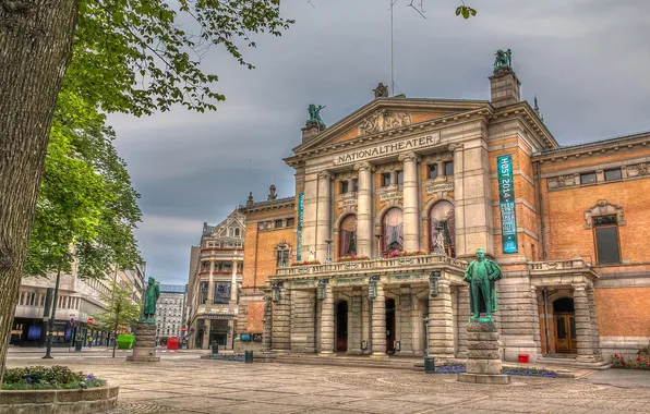 Картинка площадь, Норвегия, памятник, театр, Осло
