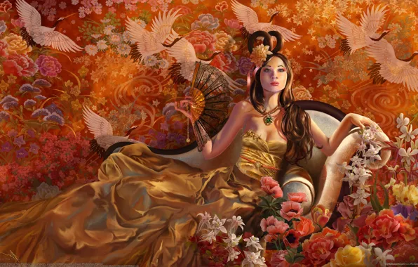 Картинка девушка, цветы, птицы, диван, платье