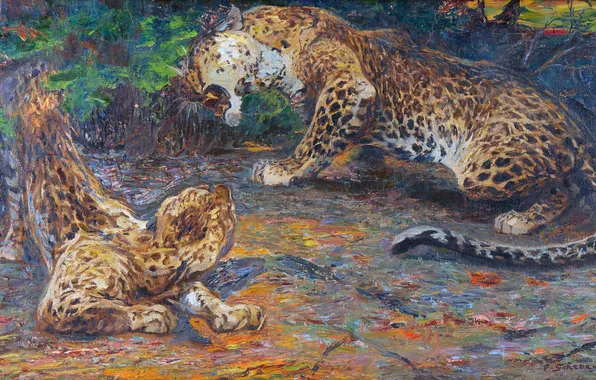 Картинка Картина, Детеныш, Двое, Малыш, Хищники, Австрийский художник, Большие кошки, Ferdinand Schebek