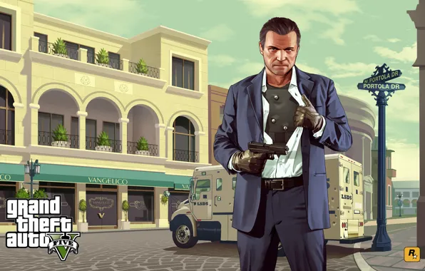 Картинка оружие, арт, Grand Theft Auto V, Майкл Де Санта