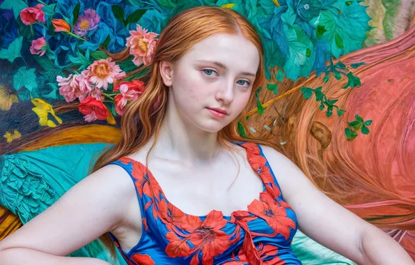 Взгляд, девушка, цветы, диван, портрет, сидит, рыжеволосая, сарафан