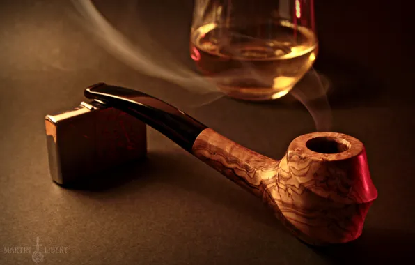 Ночь, стакан, дым, Трубка, зажигалка, Коньяк, zippo, табак