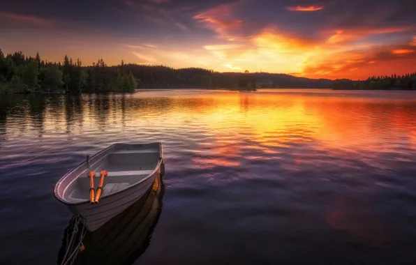 Картинка закат, озеро, лодка