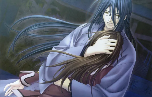 Ночь, объятия, двое, свидание, длинные волосы, hiiro no kakera, tamaki kasuga, багровые осколки