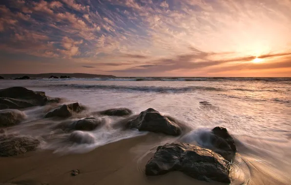 Картинка песок, море, вода, природа, камни, берег, заката