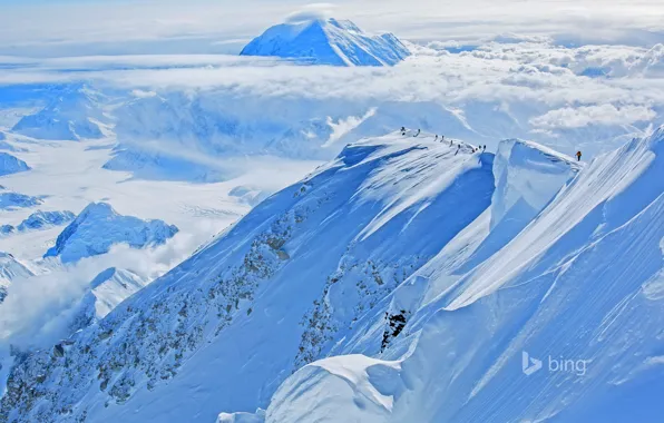 Картинка снег, Аляска, США, Denali National Park, альпинисты, гора Мак-Кинли