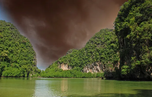 Небо, вода, деревья, тучи, скалы, Таиланд, Giant Thailand Rocks