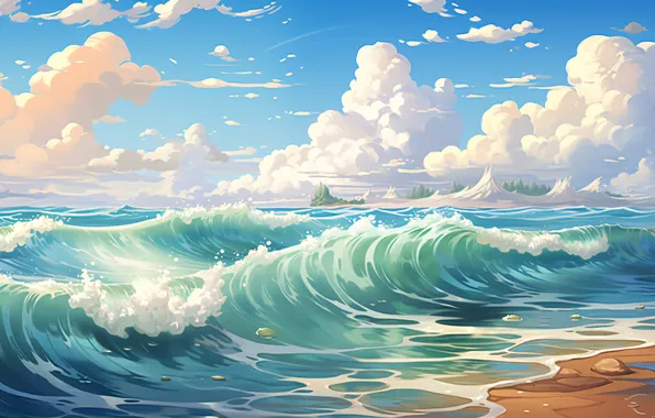 Вода, Облака, Море, Волны, Цифровое искусство, ИИ-арт, Искусство искусственного интеллекта, Нейросеть