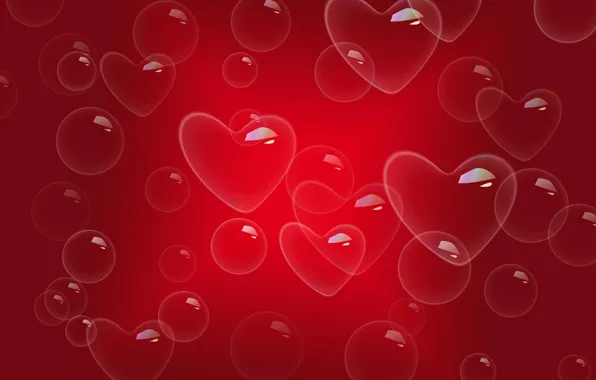 Картинка пузырьки, сердечки, Bubbles, красный фон, heart