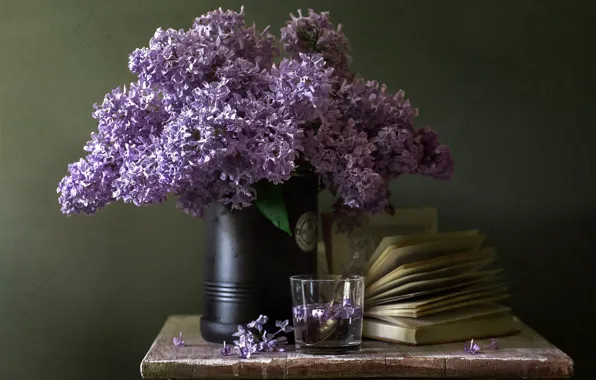 Цветы, стакан, букет, лепестки, ложка, книга, ваза, страницы