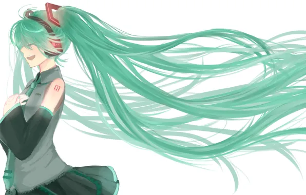 Девушка, улыбка, белый фон, профиль, Hatsune Miku, Vocaloid, длинные волосы, закрытые глаза