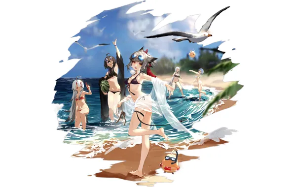 Sexy, cleavage, beach, long hair, sea, girls, boobs, anime