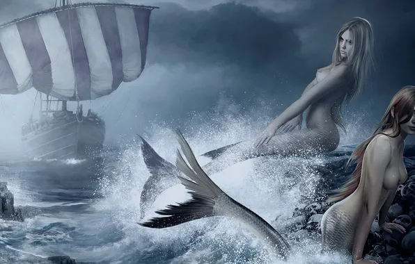Море, брызги, туман, камни, девушки, рисунок, парусник, арт