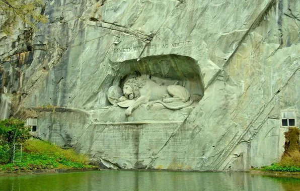 Картинка трава, вода, скала, озеро, лев, Switzerland, швейцария, Lion