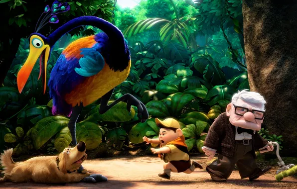 Картинка лес, птица, мультфильм, собака, мальчик, старик, Pixar, Вверх!