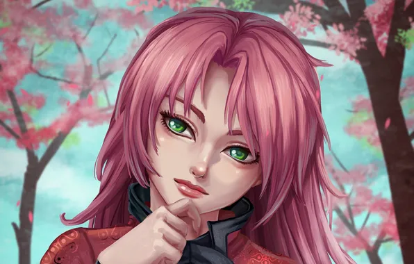 Девушка, лицо, розовый, волосы, аниме, sakura, cherry blossom