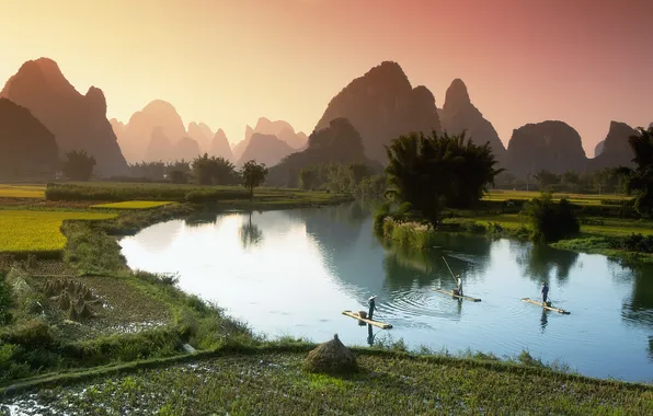 Картинка озеро, лодки, Вьетнам