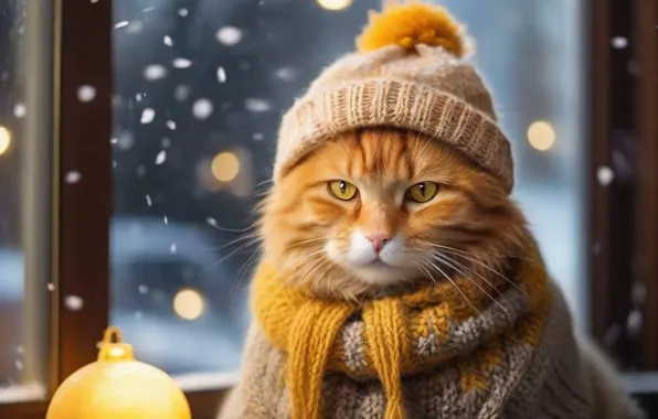 Зима, кошка, кот, взгляд, снег, желтый, поза, одежда