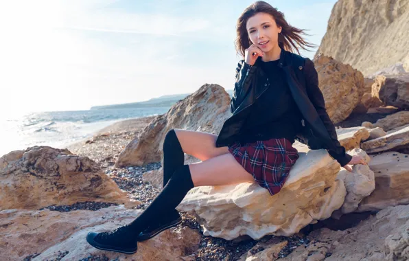 Beach, sky, ocean, nature, brunette, gorgeous, posing, beautiful face