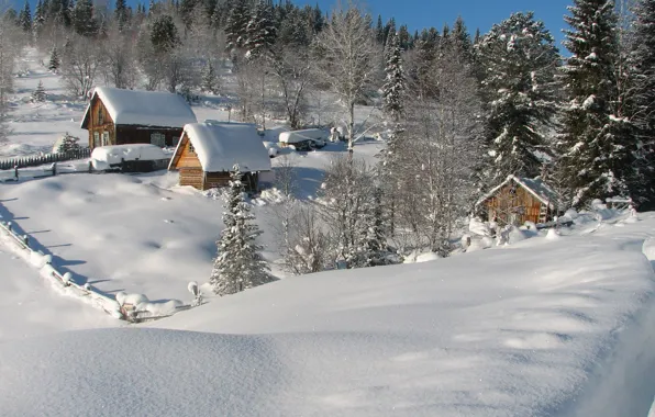 Картинка зима, небо, снег, деревья, дом, склон
