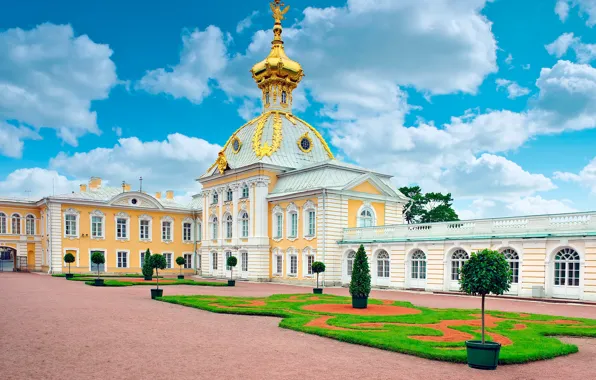 Небо, облака, деревья, газон, Санкт-Петербург, Россия, дворец, Петергоф