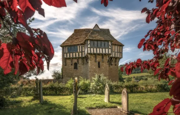 Осень, листья, замок, Англия, Stokesay castle