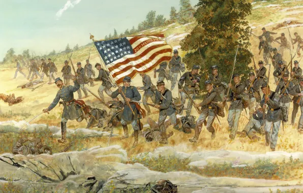 Картинка флаг, американцы, америка, бегут, кавбои, Gettysburg, July 2, 1863..The Battle of Gettysburg
