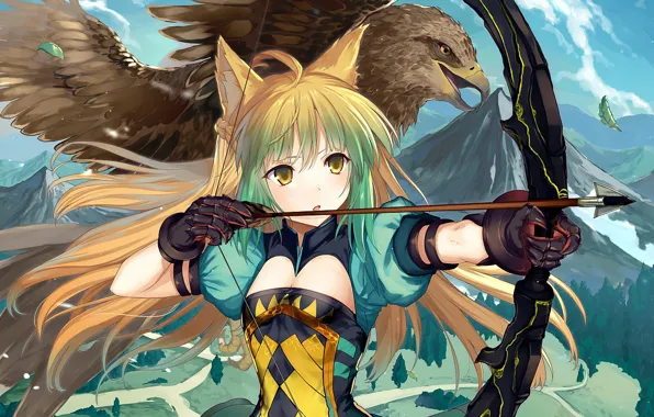 Girl, anime, pretty, eagle, asian, bow, japanese, arrow