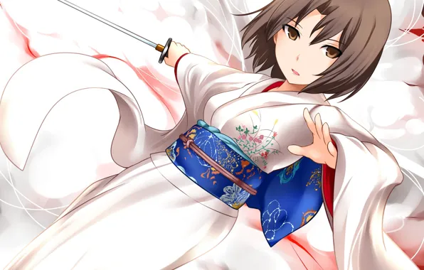 Девушка, меч, катана, арт, кимоно, kara no kyoukai, yougi shiki, yoshimo