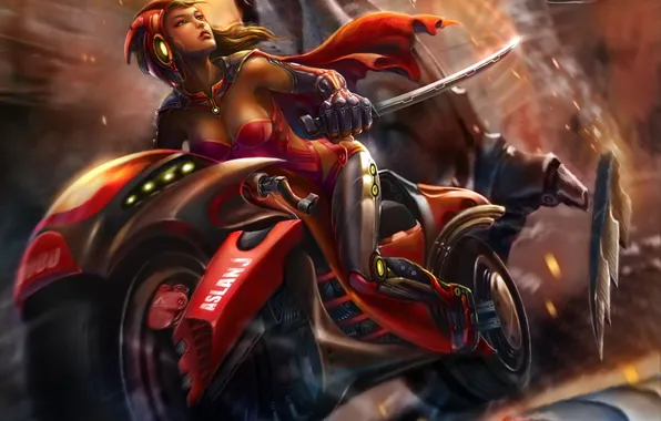 Картинка девушка, скорость, меч, арт, мотоцикл