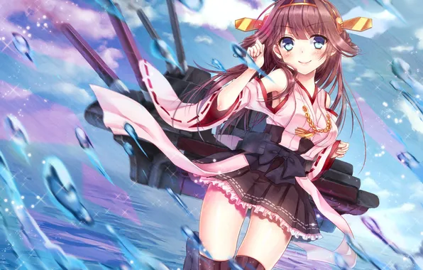 Взгляд, девушка, брызги, улыбка, жест, art, kantai collection, kongou