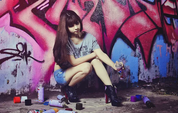 Картинка девушка, азиатка, Graffiti Wal