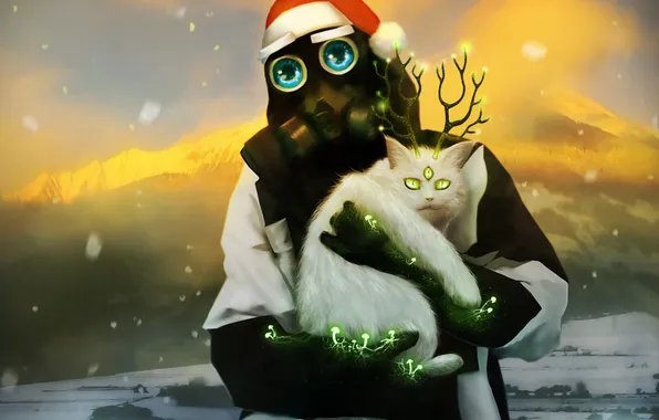 Картинка кошка, кот, снег, шапка, радиация, противогаз, рога, три глаза