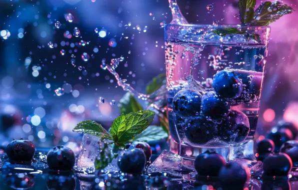Лед, стакан, еда, всплеск, colorful, berry, черника, ягода