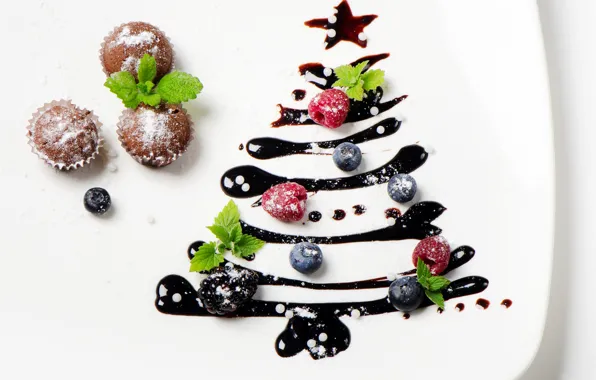 Ягоды, елка, Новый Год, тарелка, Рождество, выпечка, глазурь, кексы