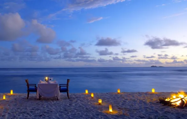 Картинка пляж, океан, романтика, свечи, костер, beach, romantic, ужин