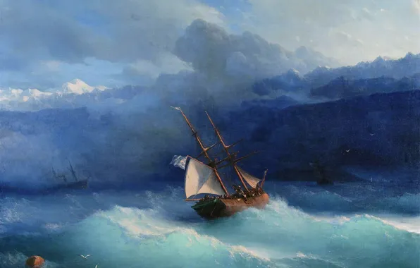Корабль, картина, парус, морской пейзаж, Иван Айвазовский, Вдоль Побережья
