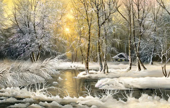 Холод, зима, снег, деревья, картина, домик, живопись, маслом