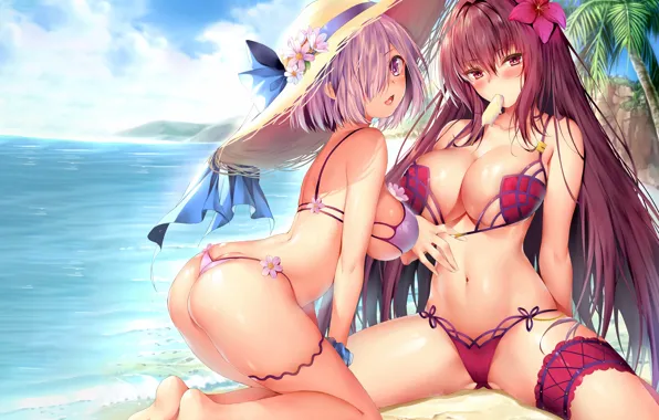 Sexy, ass, cleavage, beach, pink hair, long hair, sea, girls